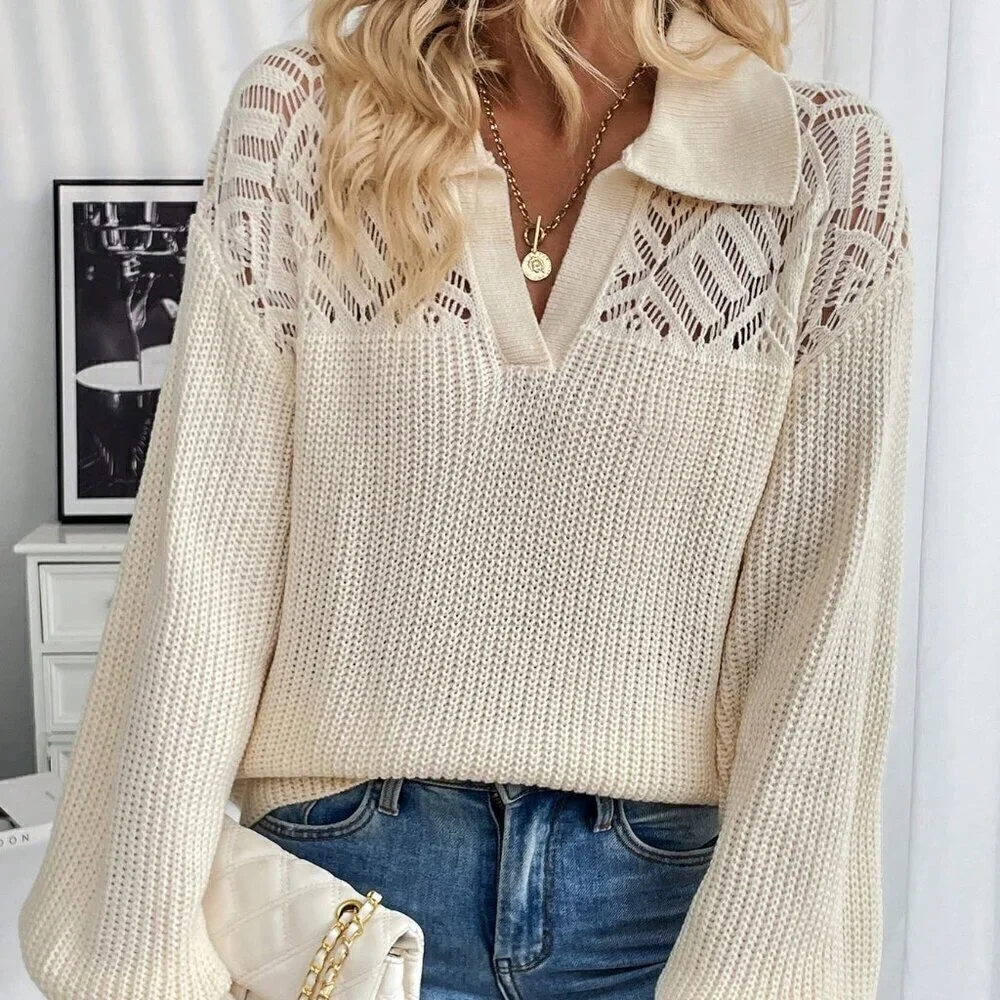 Apricot Casual Women's Hollow-Out Turndown Collar Oversized Long Sleeve Sweater